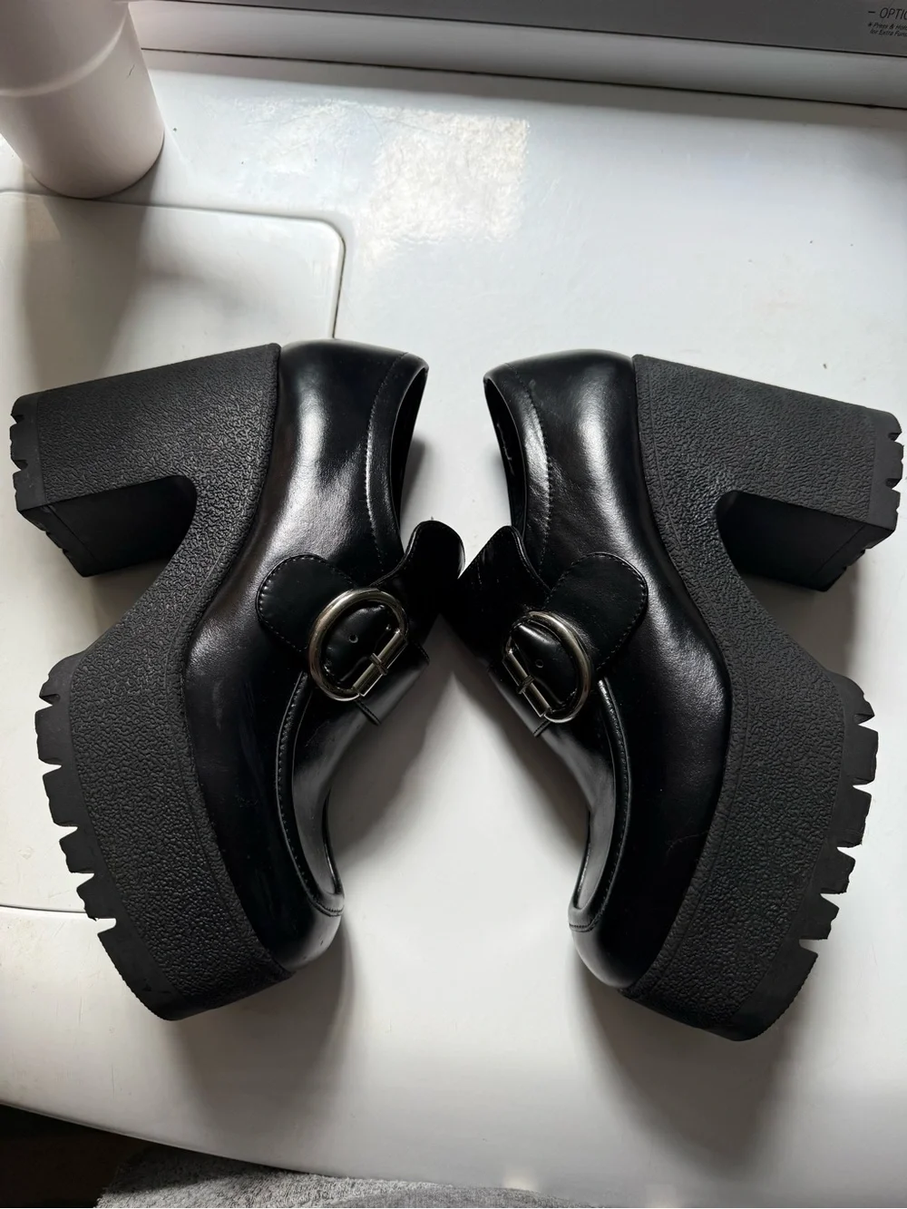 Jeffrey Campbell Black Platform Loafers with Silver Buckle